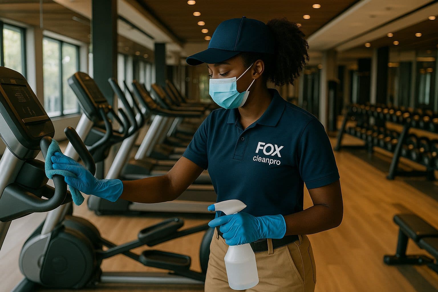 Cleaner maintaining a pristine gym facility